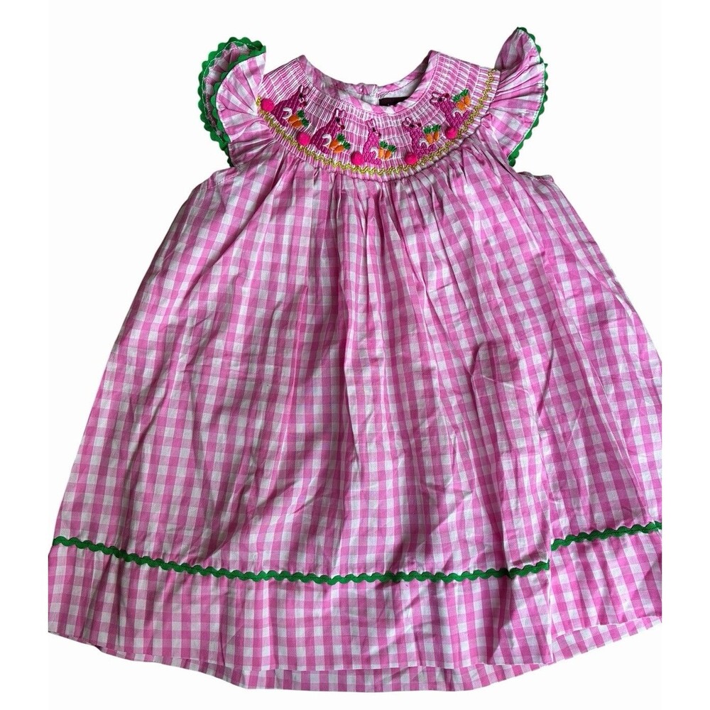 Lil Cactus Bunny Smocked Easter Dress Pink Gingham Toddler 12-24M Embroidered